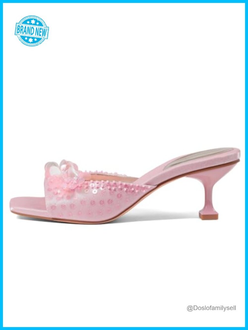 Sequin Square Toe Kitten Heel Mule Sandals Ankle Strap Slip On Heels for
